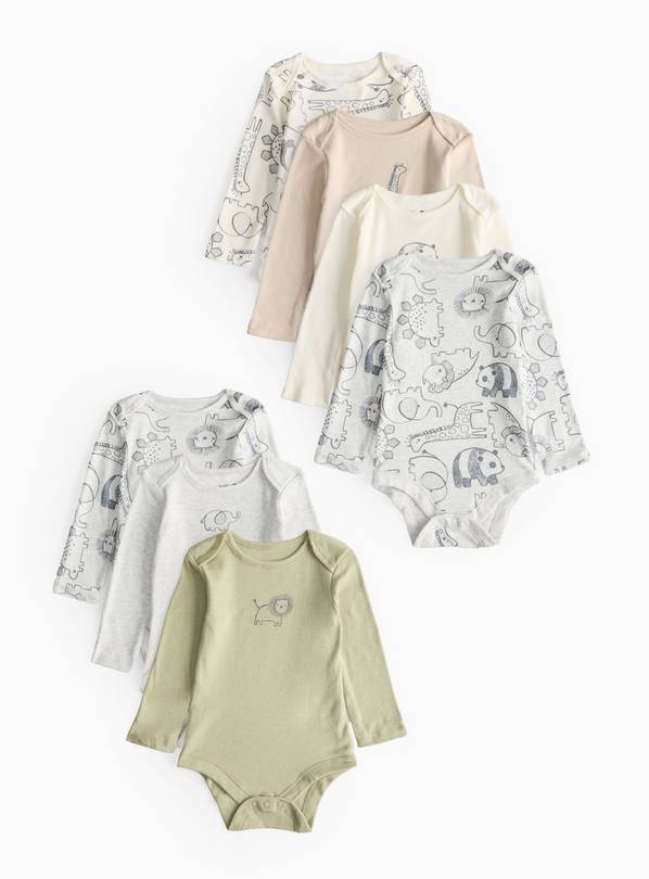 Safari Print Long Sleeve Bodysuits 7 Pack Tiny Baby